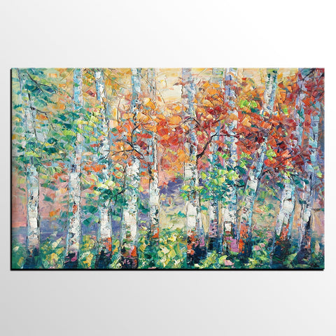 Autumn Paintings, Birch Tree Painting, Landscape Canvas Painting, Landscape Painting for Dining Room, Custom Canvas Painting-Silvia Home Craft