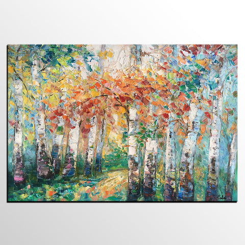 Autumn Birch Tree Painting, Heavy Texture Canvas Painting, Abstract Landscape Painting, Custom Canvas Painting for Dining Room-Silvia Home Craft