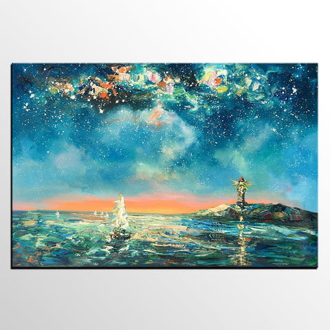 Canvas Painting, Abstract Art, Starry Night Light House Painting, Custom Landscape Wall Art, Original Painting-Silvia Home Craft