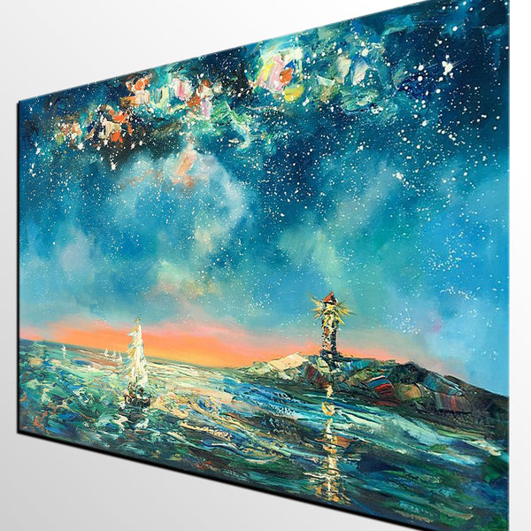 Canvas Painting, Abstract Art, Starry Night Light House Painting, Custom Landscape Wall Art, Original Painting-Silvia Home Craft