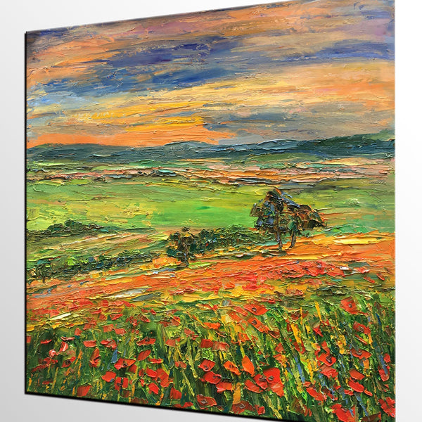 Landscape Painting on Canvas, Flower Field Painting, Heavy Texture Paintings, Custom Original Oil Painting, Living Room Wall Art Paintings-Silvia Home Craft