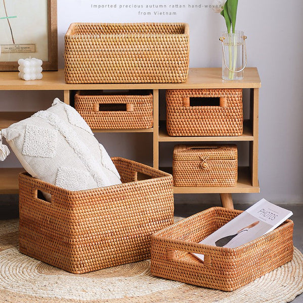 Woven Rattan Storage Baskets for Bedroom, Storage Basket for Shelves, Large Rectangular Storage Baskets for Clothes, Storage Baskets for Kitchen-Silvia Home Craft