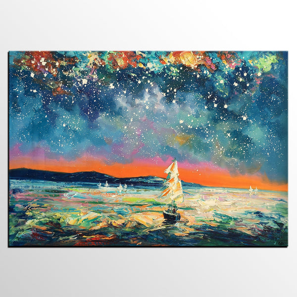 Modern Abstract Art, Oil Painting, Starry Night Sky, Landscape Painting, Bedroom Wall Art-Silvia Home Craft