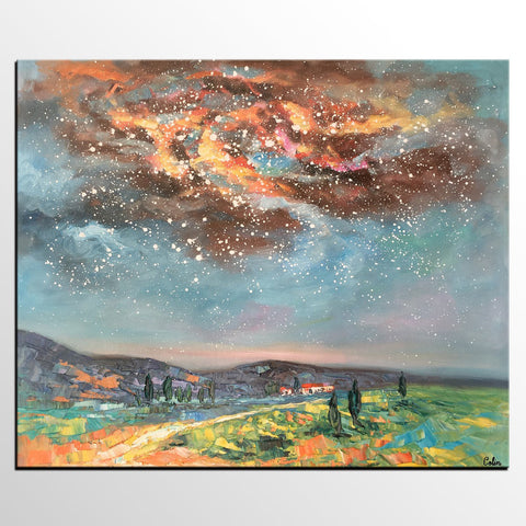 Landscape Oil Painting, Starry Night Sky Painting, Heavy Texture Painting, Custom Abstract Painting-Silvia Home Craft