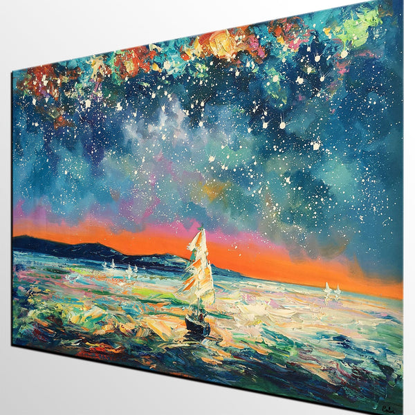 Modern Abstract Art, Oil Painting, Starry Night Sky, Landscape Painting, Bedroom Wall Art-Silvia Home Craft