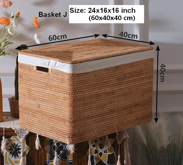 Oversized Rectangular Storage Basket with Lid, Woven Rattan Storage Basket for Shelves, Storage Baskets for Bedroom, Extra Large Storage Baskets for Clothes-Silvia Home Craft