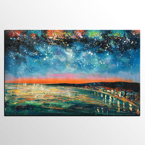 Landscape Painting, Starry Night Oil Painting, Original Wall Art, Custom Large Canvas Art-Silvia Home Craft