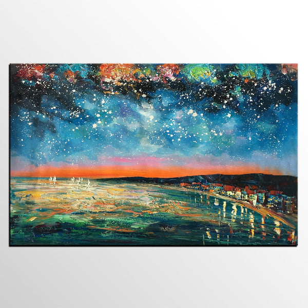 Landscape Painting, Starry Night Oil Painting, Original Wall Art, Custom Large Canvas Art-Silvia Home Craft