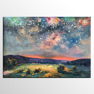 Abstract Landscape Painting, Starry Night Sky Painting, Heavy Texture Painting, Impasto Painting, Custom Wall Art Paintings for Living Room-Silvia Home Craft