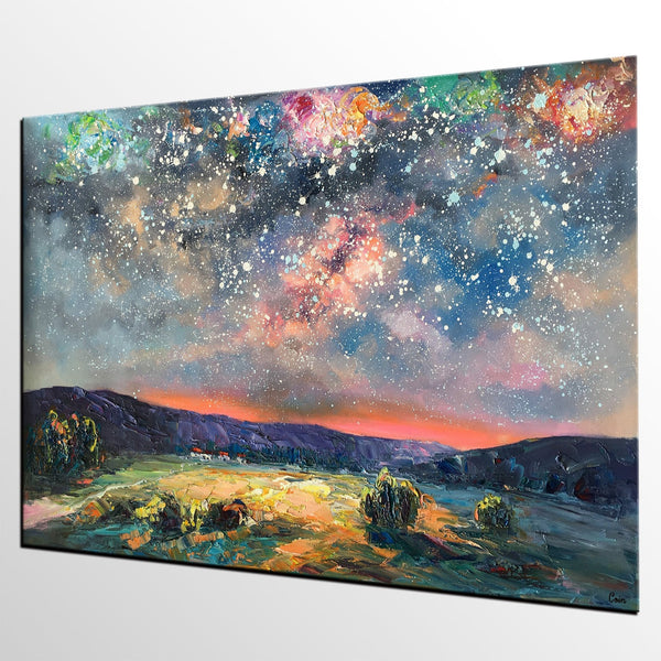 Abstract Landscape Painting, Starry Night Sky Painting, Heavy Texture Painting, Impasto Painting, Custom Wall Art Paintings for Living Room-Silvia Home Craft