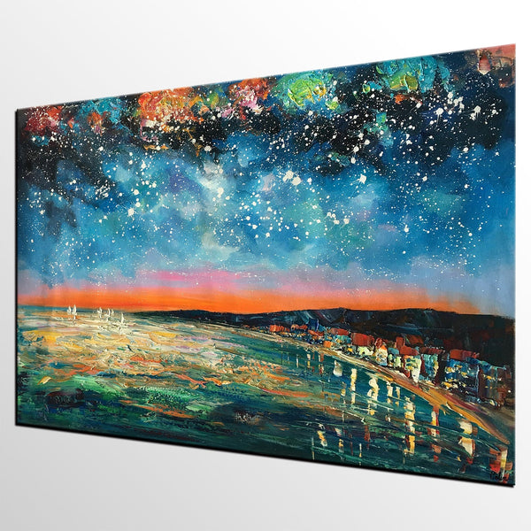 Landscape Painting, Starry Night Oil Painting, Original Wall Art, Custom Large Canvas Art-Silvia Home Craft