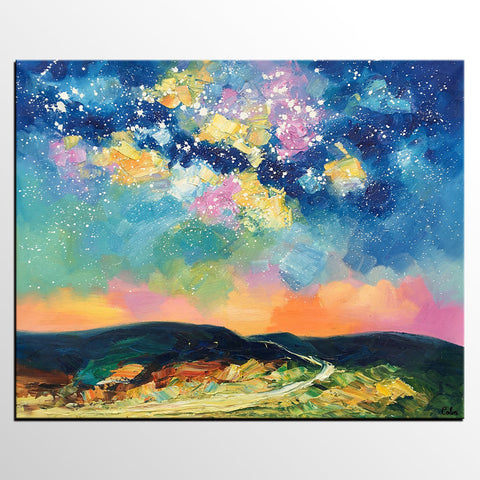 Abstract Landscape Painting, Starry Night Sky Painting, Heavy Texture Painting, Custom Canvas Painting for Sale, Large Painting for Bedroom-Silvia Home Craft