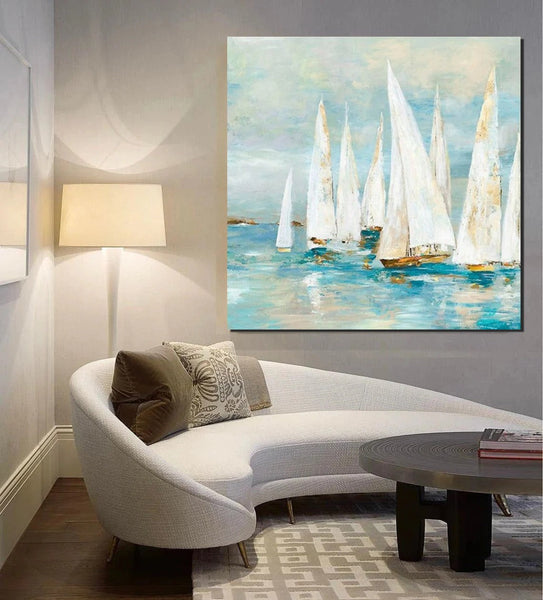 Sail Boat Painting, Hand Painted Abstract Painting, Abstract Landscape Painting, Extra Large Abstract Paintings on Canvas, Bedroom Wall Art Ideas-Silvia Home Craft