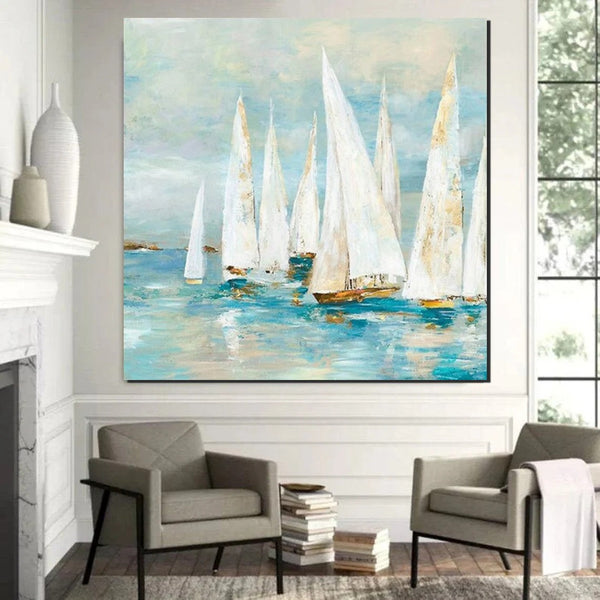 Sail Boat Painting, Hand Painted Abstract Painting, Abstract Landscape Painting, Extra Large Abstract Paintings on Canvas, Bedroom Wall Art Ideas-Silvia Home Craft