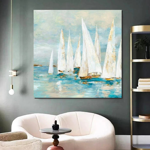 Sail Boat Painting, Hand Painted Abstract Painting, Abstract Landscape Painting, Extra Large Abstract Paintings on Canvas, Bedroom Wall Art Ideas-Silvia Home Craft
