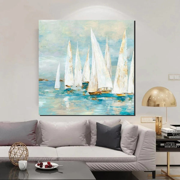 Sail Boat Painting, Hand Painted Abstract Painting, Abstract Landscape Painting, Extra Large Abstract Paintings on Canvas, Bedroom Wall Art Ideas-Silvia Home Craft