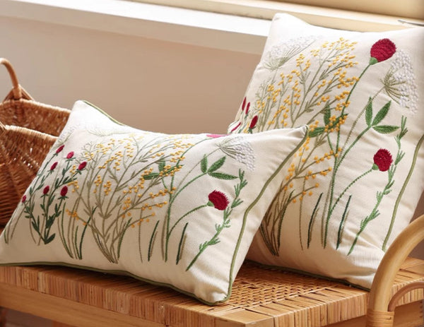 Decorative Pillows for Couch, Farmhouse Decorative Pillows for Sofa, Embroider Flower Cotton Pillow Covers, Spring Flower Decorative Pillows for Bedroom-Silvia Home Craft