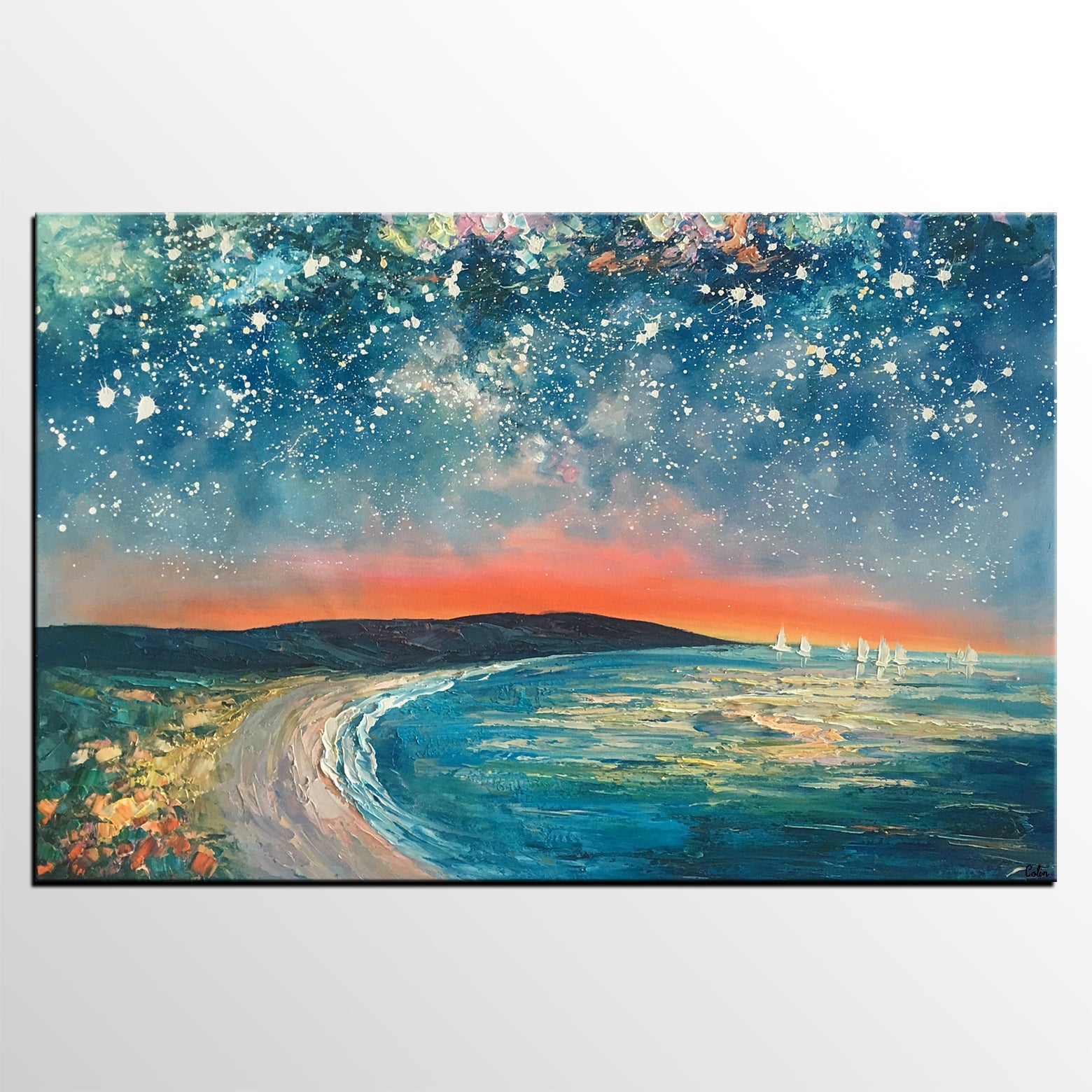 Starry Night Sky Seashore Painting, Abstract Art Painting, Canvas Oil Painting, Heavy Texture Art, Bedroom Wall Art, Landscape Painting, Large Art, Original Art-Silvia Home Craft