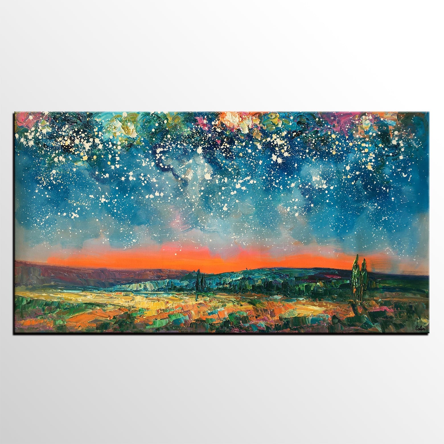 Original Landscape Painting, Starry Night Sky Painting, Bedroom Wall Art Paintings, Custom Original Painting for Sale-Silvia Home Craft