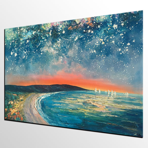 Starry Night Sky Seashore Painting, Abstract Art Painting, Canvas Oil Painting, Heavy Texture Art, Bedroom Wall Art, Landscape Painting, Large Art, Original Art-Silvia Home Craft