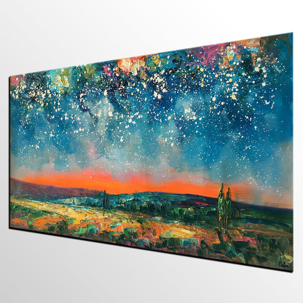 Original Landscape Painting, Starry Night Sky Painting, Bedroom Wall Art Paintings, Custom Original Painting for Sale-Silvia Home Craft