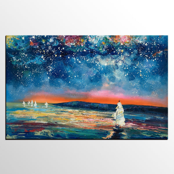 Canvas Painting, Abstract Art for Sale, Sail Boat under Starry Night Sky Painting, Custom Art, Buy Art Online-Silvia Home Craft