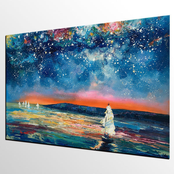 Canvas Painting, Abstract Art for Sale, Sail Boat under Starry Night Sky Painting, Custom Art, Buy Art Online-Silvia Home Craft