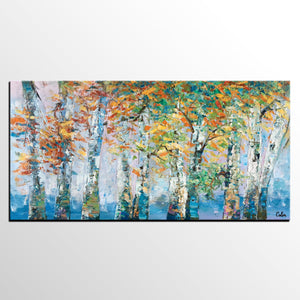 Birch Tree Paintings, Landscape Wall Art Paintings, Custom Canvas Painting for Bedroom, Original Canvas Painting-Silvia Home Craft