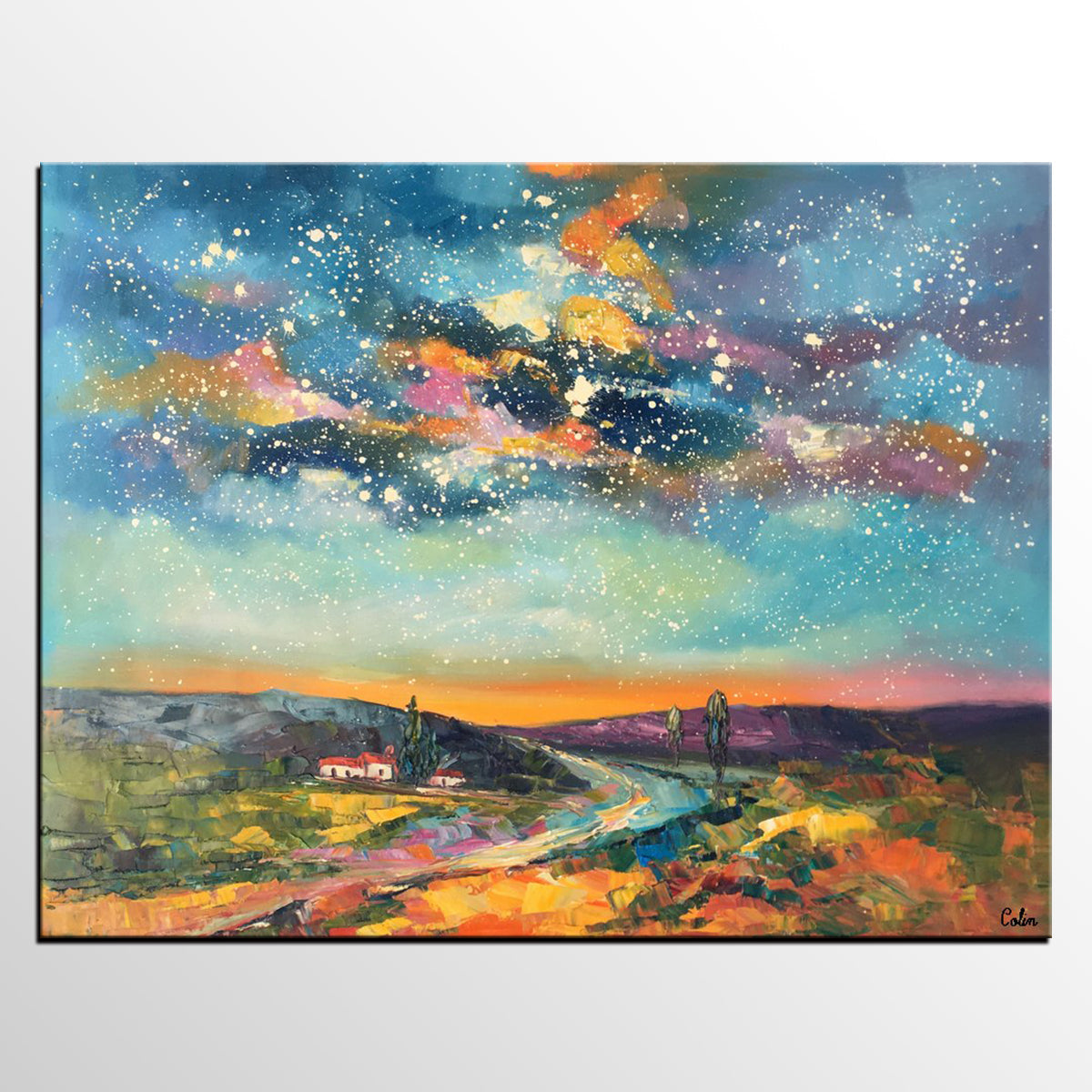 Canvas Wall Art, Abstract Landscape Art, Starry Night Sky, Bedroom Wall Art, Custom Abstract Art Painting, Oil Painting-Silvia Home Craft