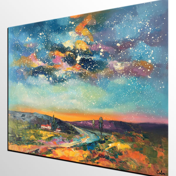 Canvas Wall Art, Abstract Landscape Art, Starry Night Sky, Bedroom Wall Art, Custom Abstract Art Painting, Oil Painting-Silvia Home Craft