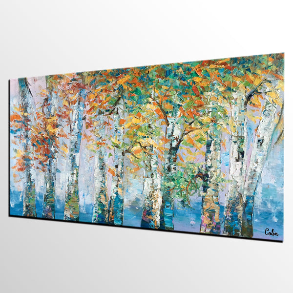 Birch Tree Paintings, Landscape Wall Art Paintings, Custom Canvas Painting for Bedroom, Original Canvas Painting-Silvia Home Craft