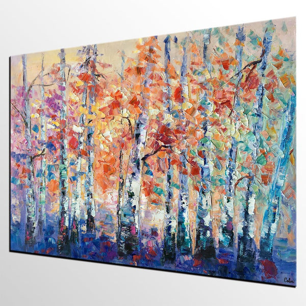 Palette Knife Paintings, Autumn Tree Landscape Paintings, Custom Canvas Painting for Dining Room, Landscape Canvas Paintings, Heavy Texture Painting-Silvia Home Craft