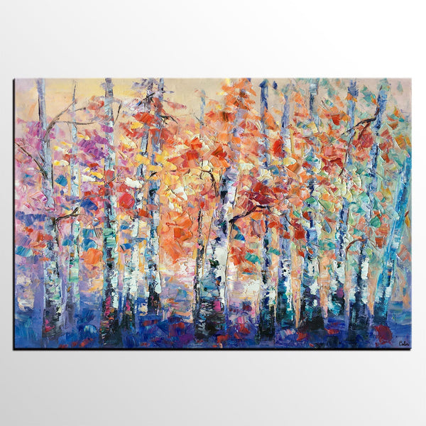 Palette Knife Paintings, Autumn Tree Landscape Paintings, Custom Canvas Painting for Dining Room, Landscape Canvas Paintings, Heavy Texture Painting-Silvia Home Craft