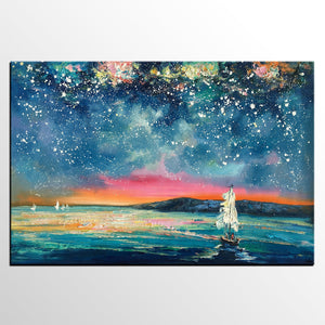 Landscape Oil Paintings, Sail Boat under Starry Night Sky Painting, Landscape Canvas Paintings, Custom Landscape Wall Art Paintings for Living Room-Silvia Home Craft