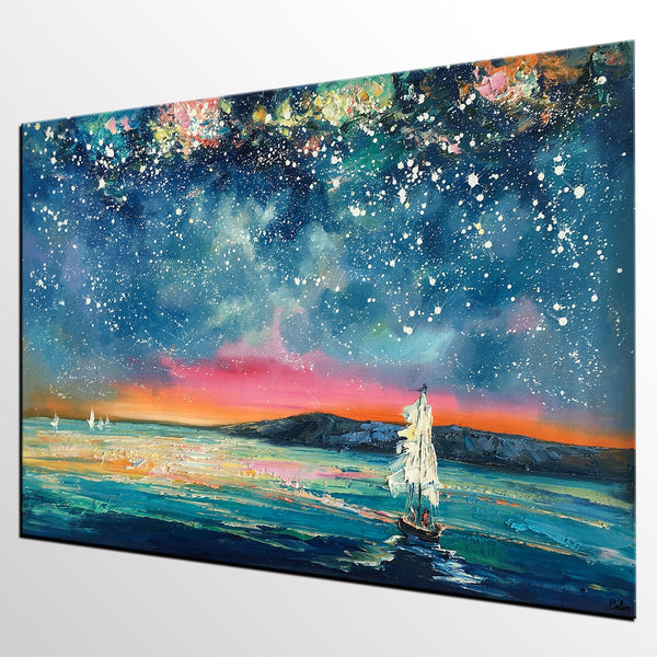 Landscape Oil Paintings, Sail Boat under Starry Night Sky Painting, Landscape Canvas Paintings, Custom Landscape Wall Art Paintings for Living Room-Silvia Home Craft