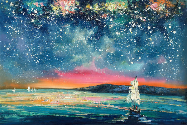 Landscape Oil Paintings, Sail Boat under Starry Night Sky Painting, Landscape Canvas Paintings, Custom Landscape Wall Art Paintings for Living Room-Silvia Home Craft