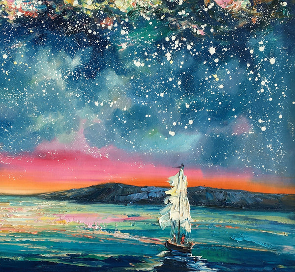 Landscape Oil Paintings, Sail Boat under Starry Night Sky Painting, Landscape Canvas Paintings, Custom Landscape Wall Art Paintings for Living Room-Silvia Home Craft