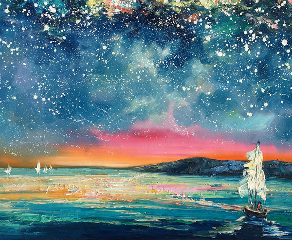 Landscape Oil Paintings, Sail Boat under Starry Night Sky Painting, Landscape Canvas Paintings, Custom Landscape Wall Art Paintings for Living Room-Silvia Home Craft