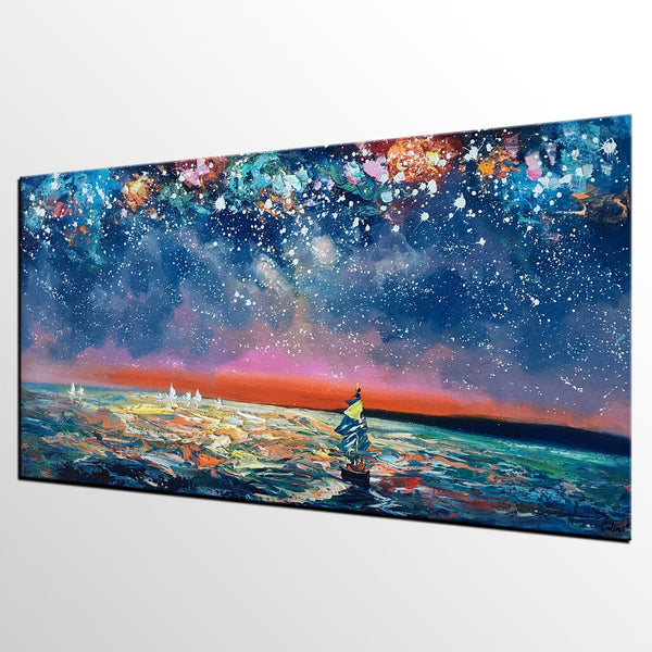 Bedroom Canvas Art, Landscape Painting, Boat under Starry Night Sky Painting, Custom Large Painting-Silvia Home Craft