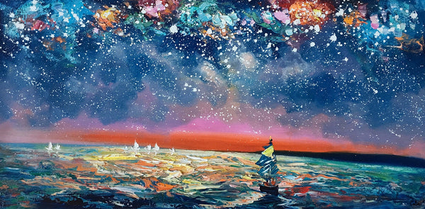 Bedroom Canvas Art, Landscape Painting, Boat under Starry Night Sky Painting, Custom Large Painting-Silvia Home Craft