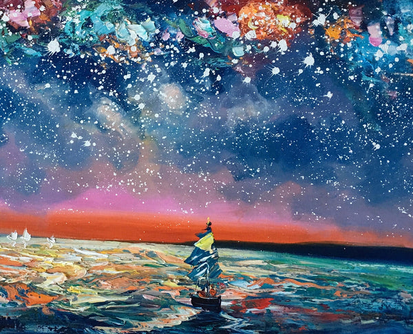 Bedroom Canvas Art, Landscape Painting, Boat under Starry Night Sky Painting, Custom Large Painting-Silvia Home Craft