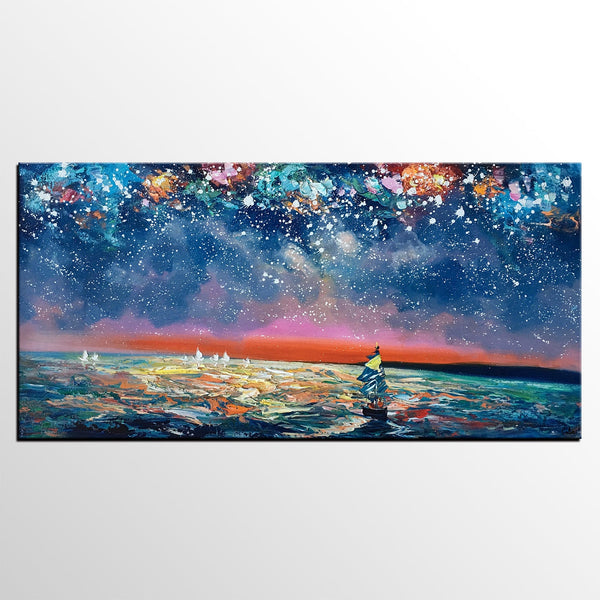 Bedroom Canvas Art, Landscape Painting, Boat under Starry Night Sky Painting, Custom Large Painting-Silvia Home Craft