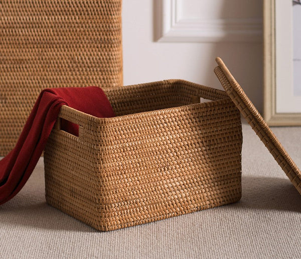 Laundry Storage Baskets for Bathroom, Rectangular Storage Baskets for Clothes, Wicker Storage Baskets for Shelves, Rattan Storage Baskets for Kitchen, Storage Basket with Lid-Silvia Home Craft