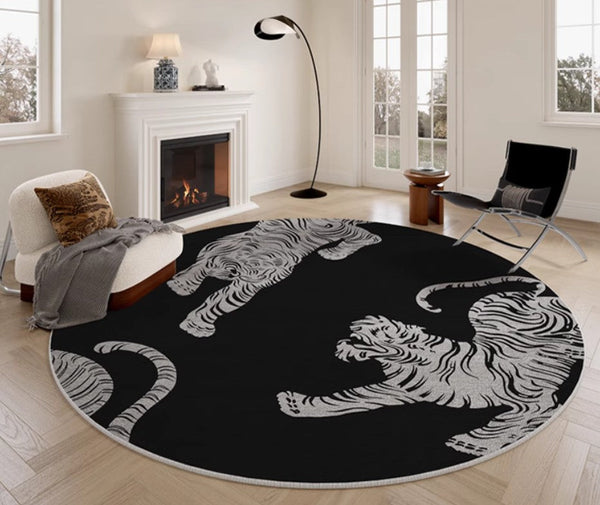 Modern Rugs for Dining Room, Tiger Black Modern Rugs for Bathroom, Abstract Contemporary Round Rugs, Circular Modern Rugs under Coffee Table-Silvia Home Craft