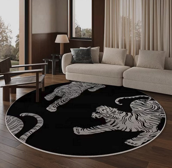 Modern Rugs for Dining Room, Tiger Black Modern Rugs for Bathroom, Abstract Contemporary Round Rugs, Circular Modern Rugs under Coffee Table-Silvia Home Craft