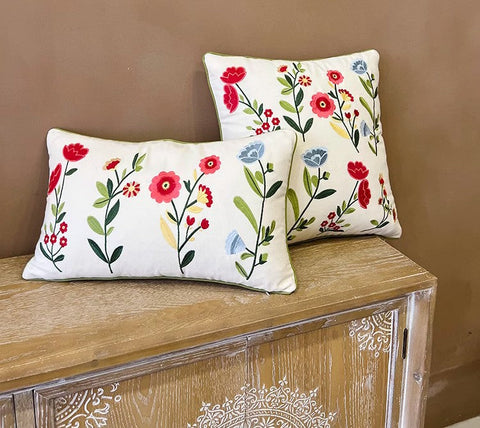 Throw Pillows for Couch, Spring Flower Decorative Throw Pillows, Farmhouse Sofa Decorative Pillows, Embroider Flower Cotton Pillow Covers-Silvia Home Craft