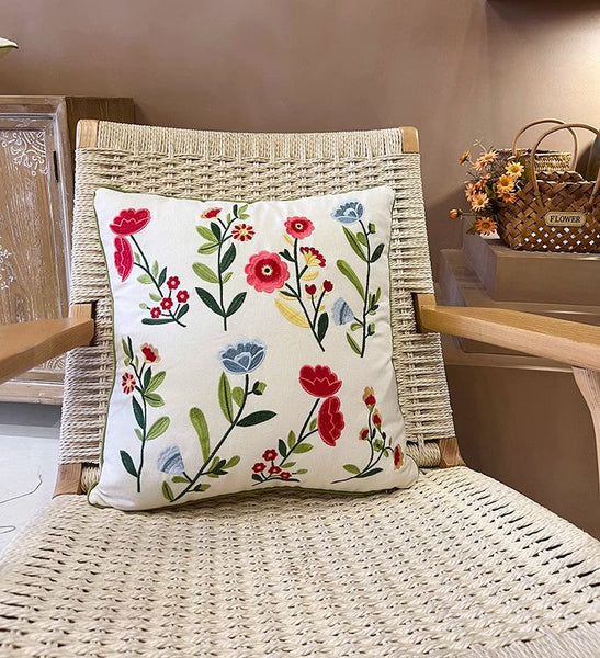 Throw Pillows for Couch, Spring Flower Decorative Throw Pillows, Farmhouse Sofa Decorative Pillows, Embroider Flower Cotton Pillow Covers-Silvia Home Craft