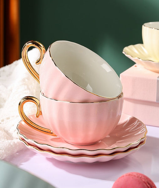 Unique Tea Cups and Saucers in Gift Box as Birthday Gift, Elegant Macaroon Ceramic Coffee Cups, Beautiful British Tea Cups, Creative Bone China Porcelain Tea Cup Set-Silvia Home Craft