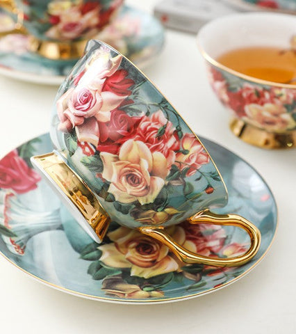 Large Rose Royal Ceramic Cups, Afternoon Bone China Porcelain Tea Cup Set, Unique Tea Cups and Saucers in Gift Box, Elegant Flower Ceramic Coffee Cups-Silvia Home Craft