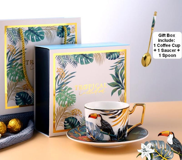 Coffee Cups with Gold Trim and Gift Box, Jungle Leopard Pattern Porcelain Coffee Cups, Tea Cups and Saucers-Silvia Home Craft